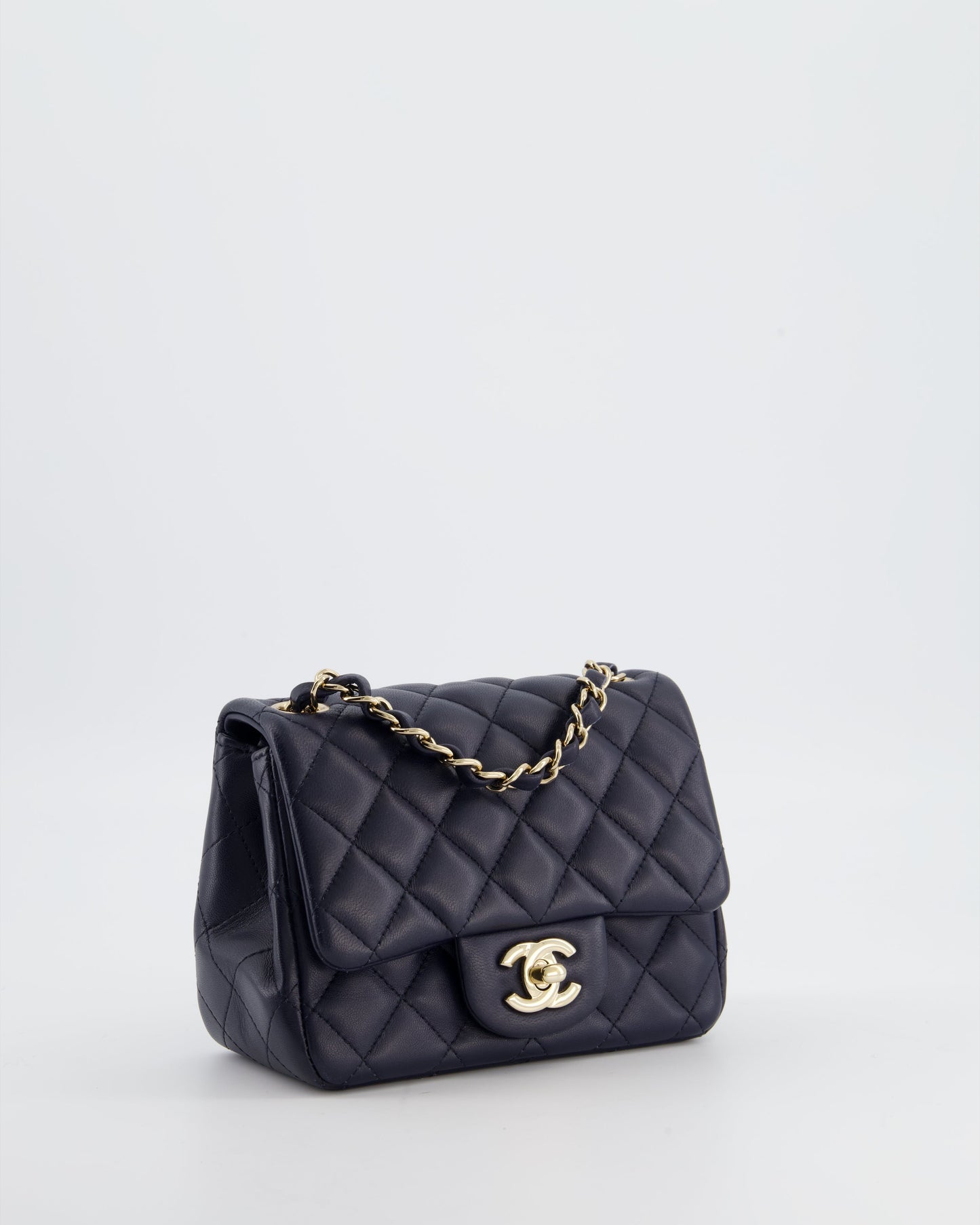 Chanel Navy Mini Square Classic Flap Bag in Lambskin Leather with Champagne Gold Hardware