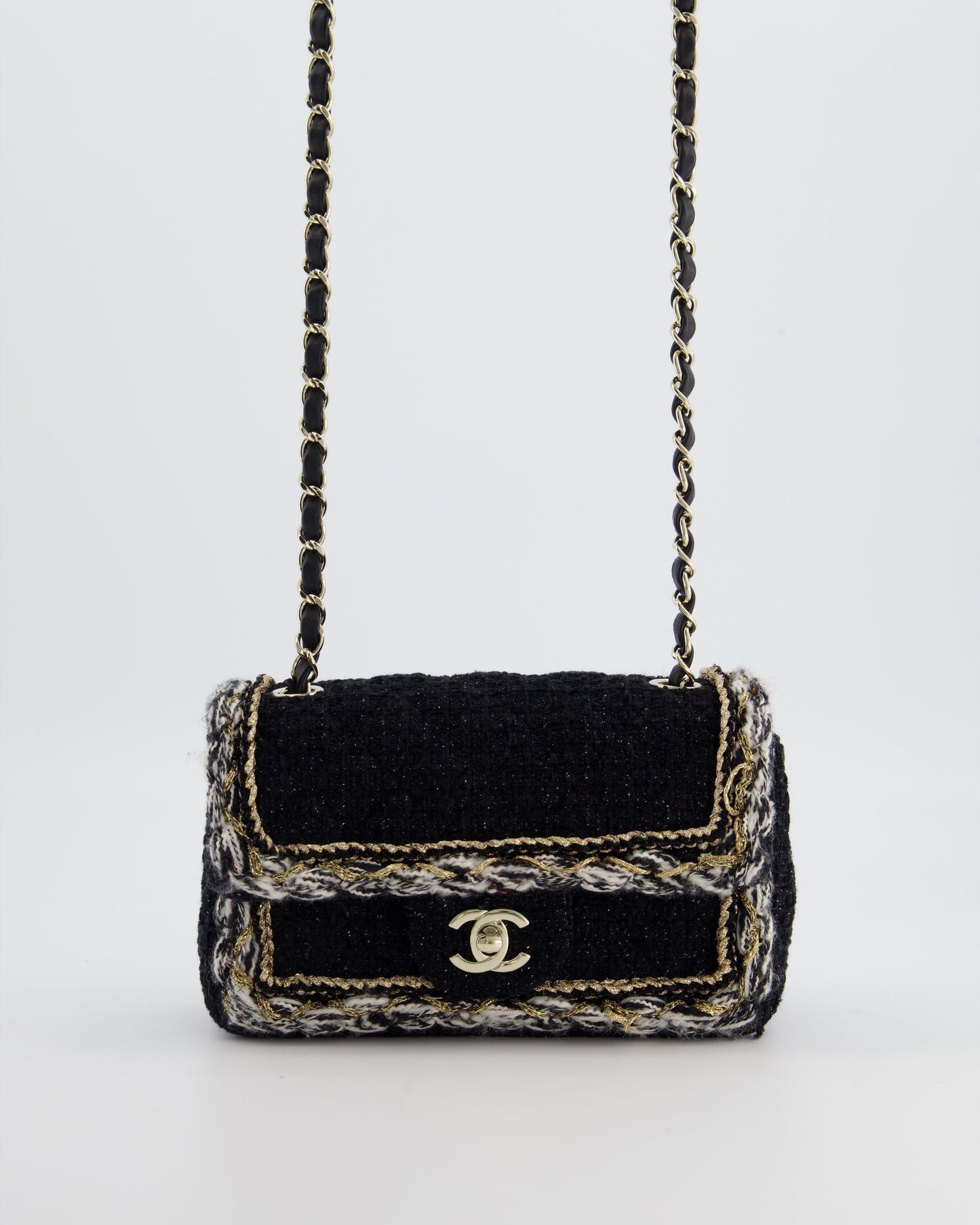 Chanel Fall-Winter 25/26 Mini Rectangular Flap Bag in Black Tweed with Gold Trim and Champagne Gold Hardware