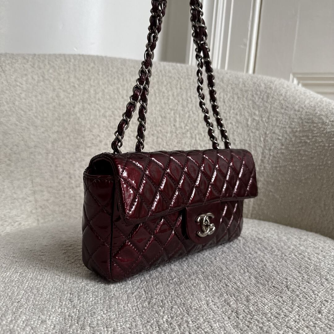 2008 Chanel East West Patent Leather Flap Bordeaux Shoulder Bag