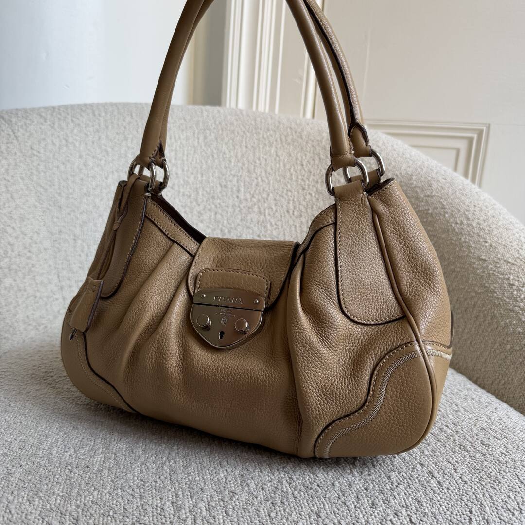 2007 Prada Vitello Daino Hobo Leather Tan Shoulder Bag