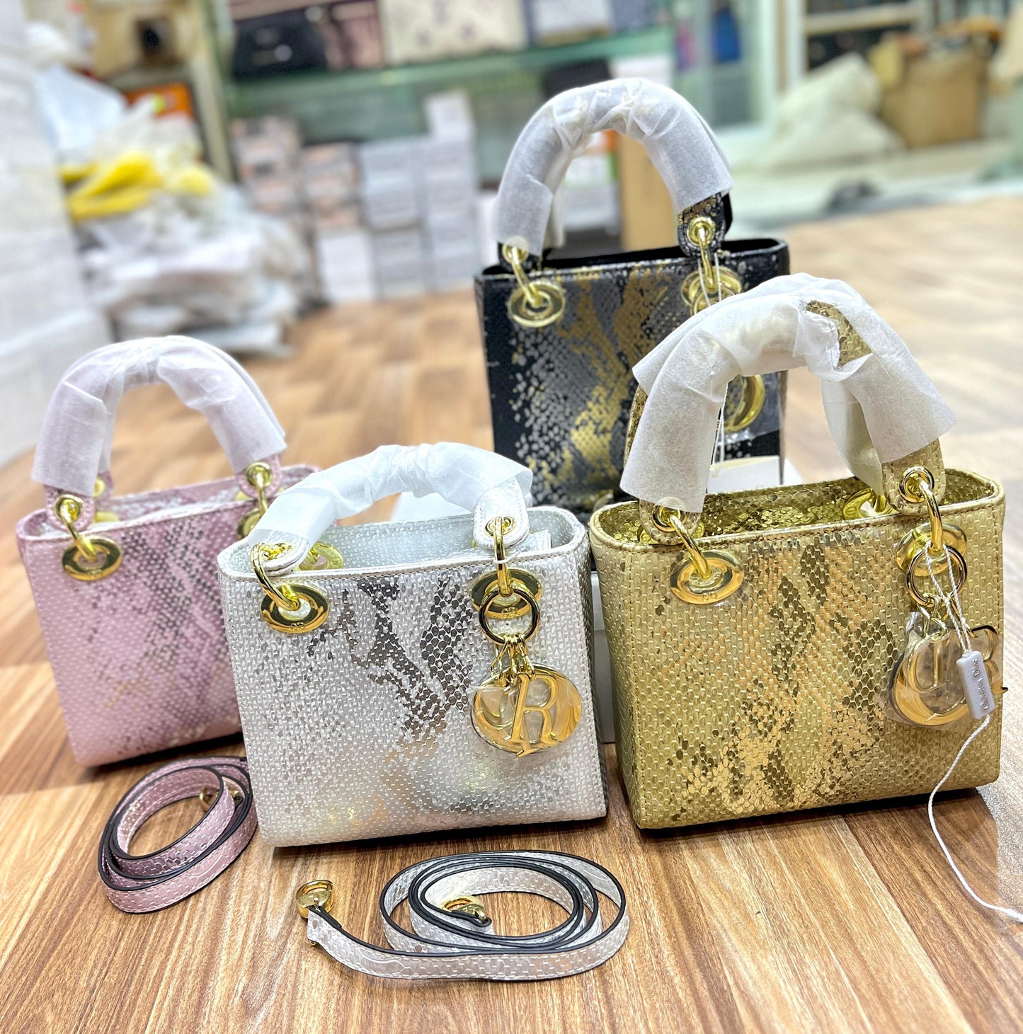 DIOR โ Lady Dior Mini Python Skin Bag (Golden Hardware | With Brand Box & Dust Bag) (Black)