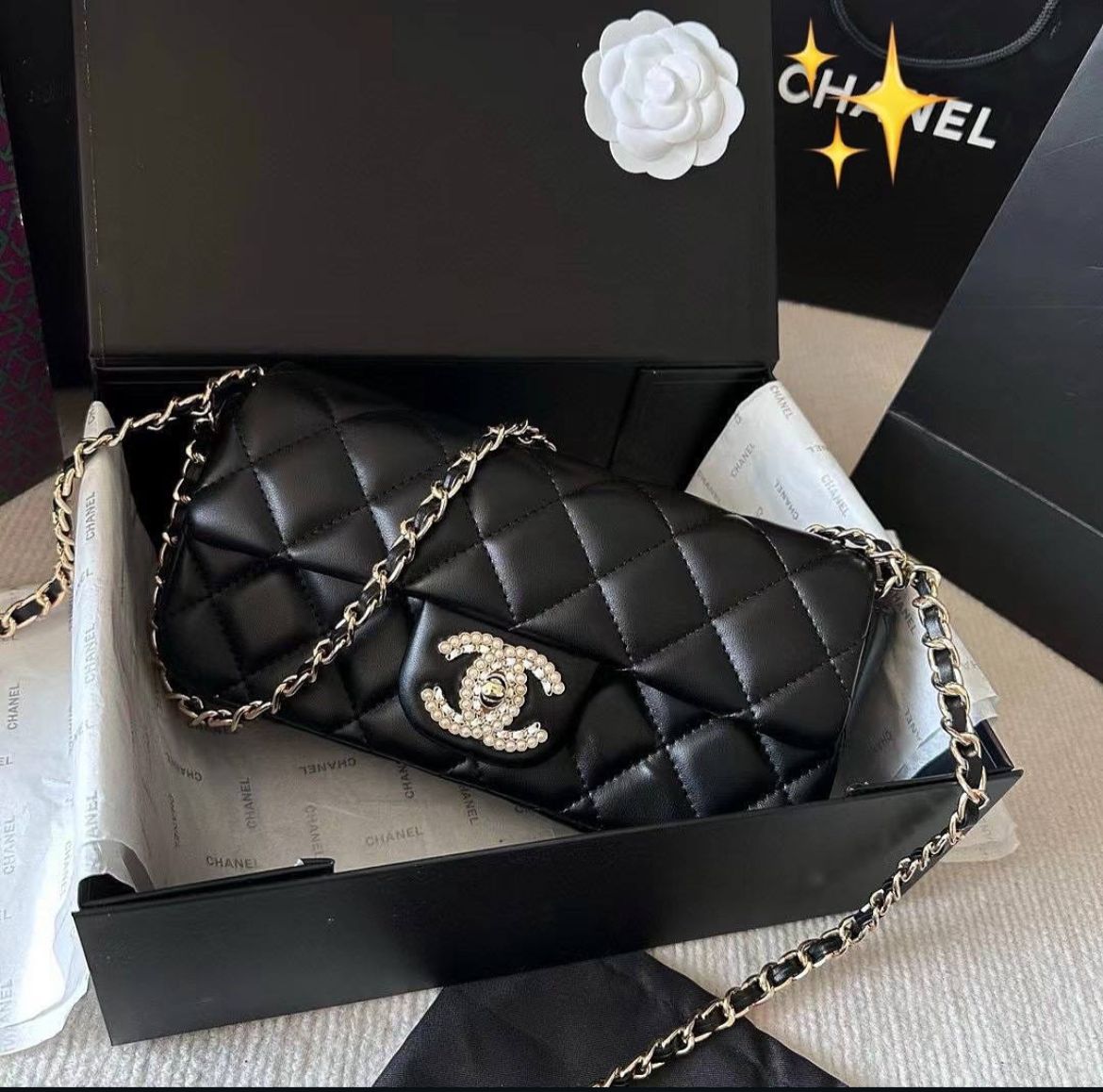 C-H-A-N-E-L Pearl Flap Crossbody Women Bag β Premium Edition (Black)