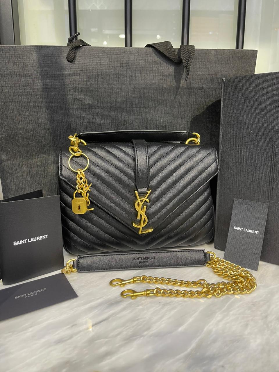 Y-S-L College Medium Quilted Women Bag β Iconic Edition (Black/Gold))
