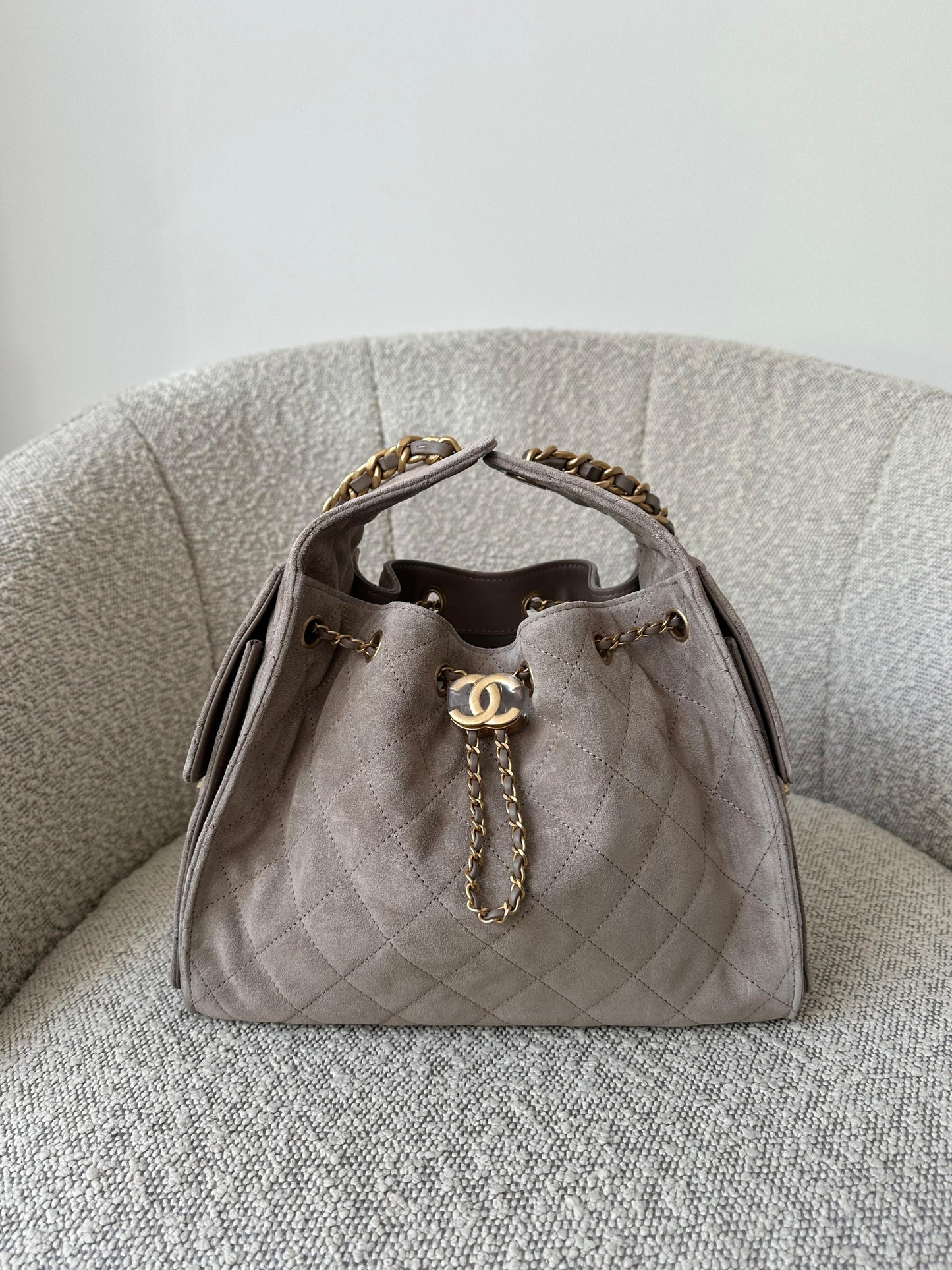 Chanel 25 Small Handbag Suede Calfskin & Gold Metal Dark Grey