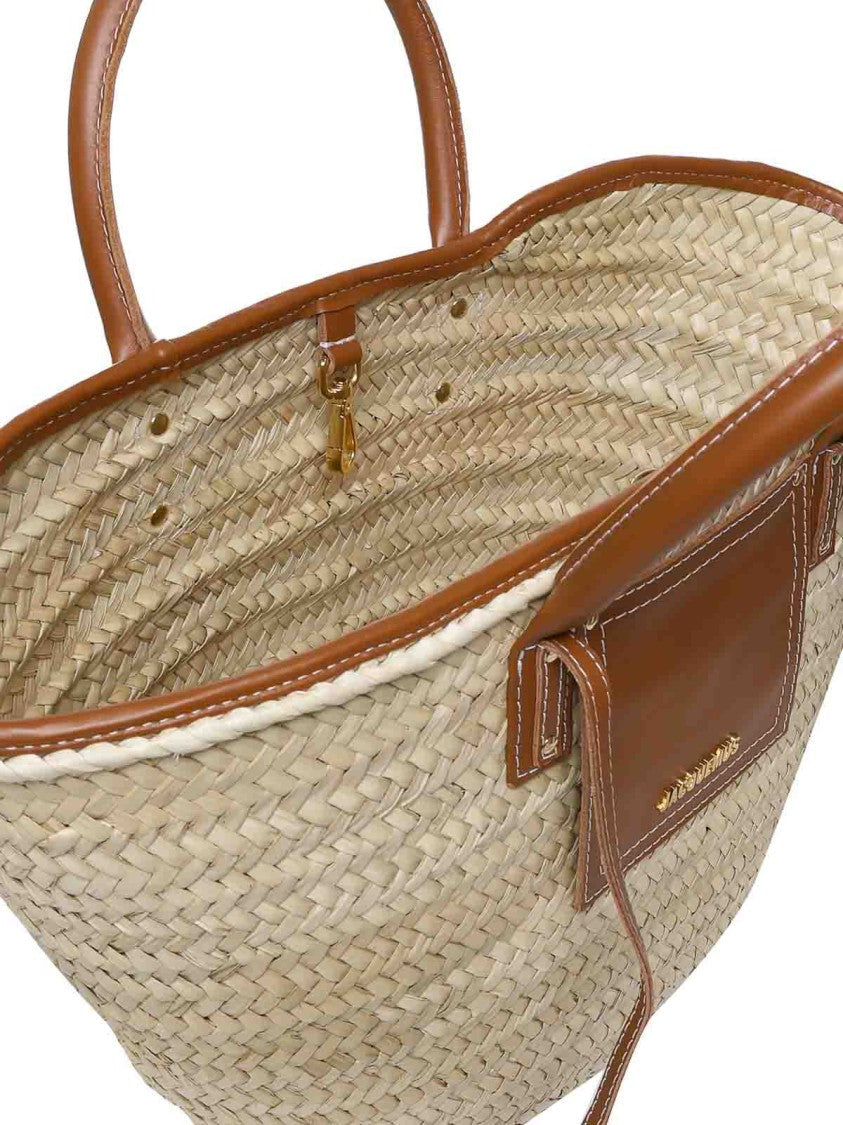 Jacquemus Woven Straw Tote Bag With Leather Trim And Handles