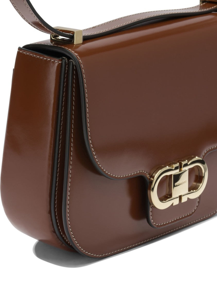 Ferragamo Curved Flap Brown Leather Crossbody Bag With Gold-Tone Gancini Clasp