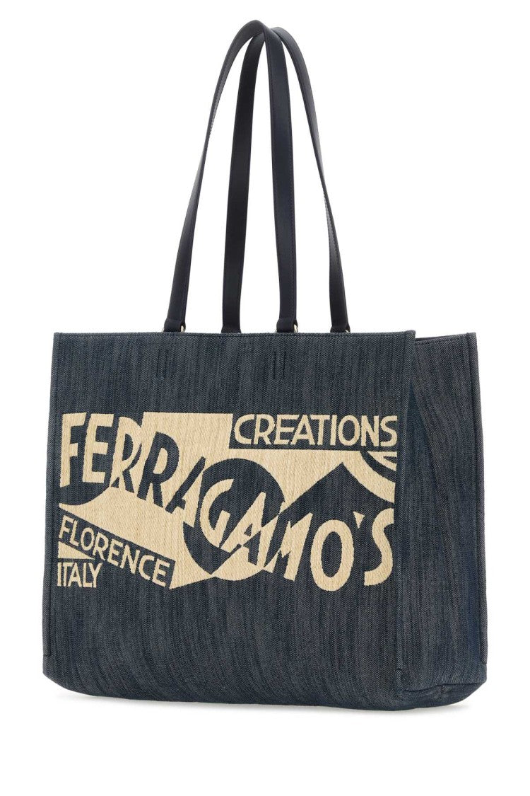 Salvatore Ferragamo Blue Denim Large Tt Sign Shopping Bag