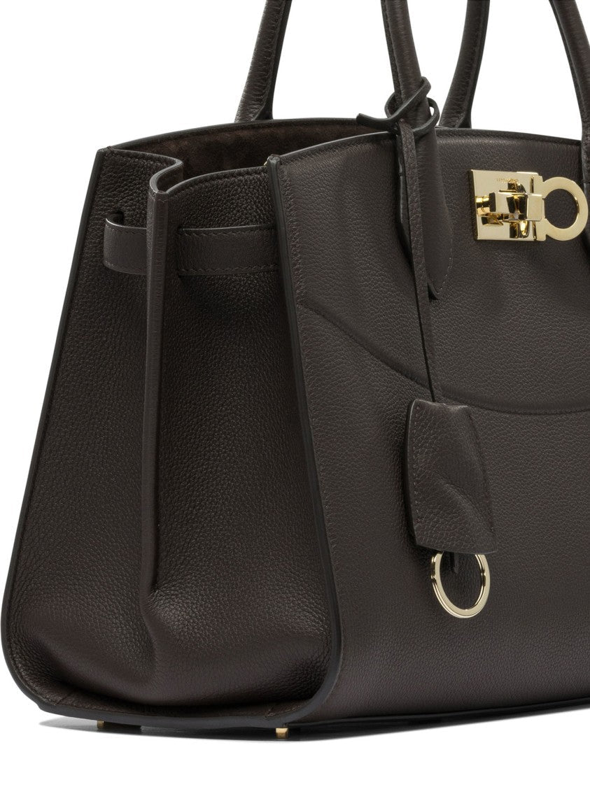 Ferragamo Structured Brown Calf Goat Leather Handbag