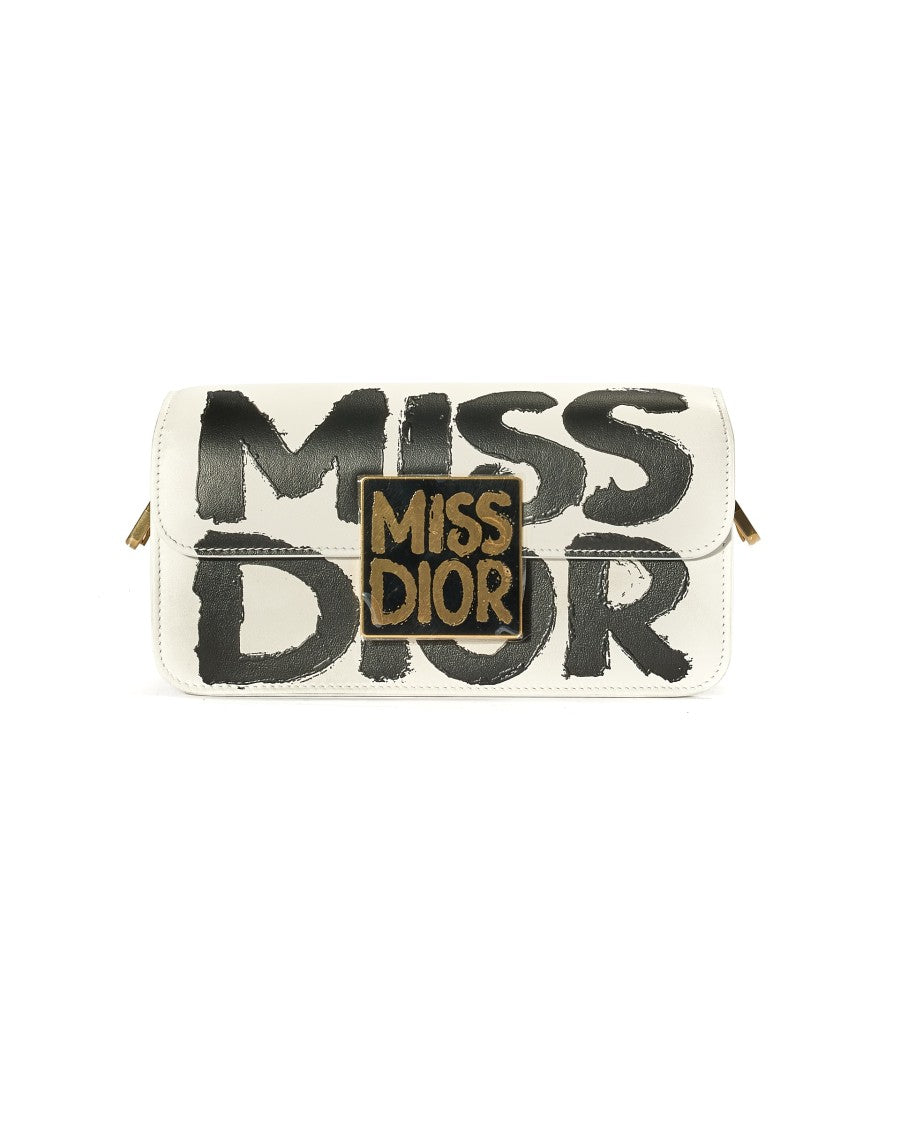 Dior White Calf Leather With "Miss D" Graffiti Small Handbag