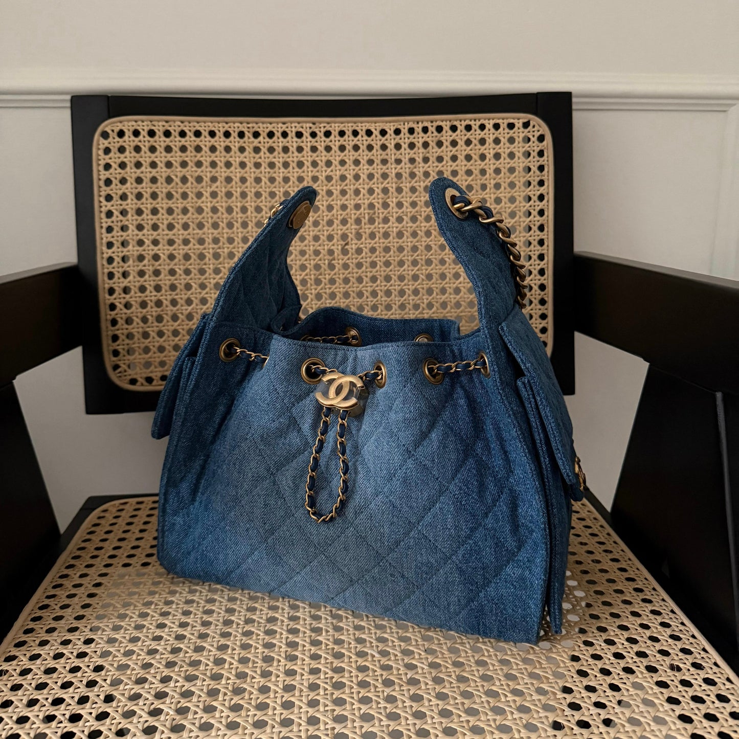 Chanel 25 Small Handbag Washed Denim & Gold-Tone Metal Blue