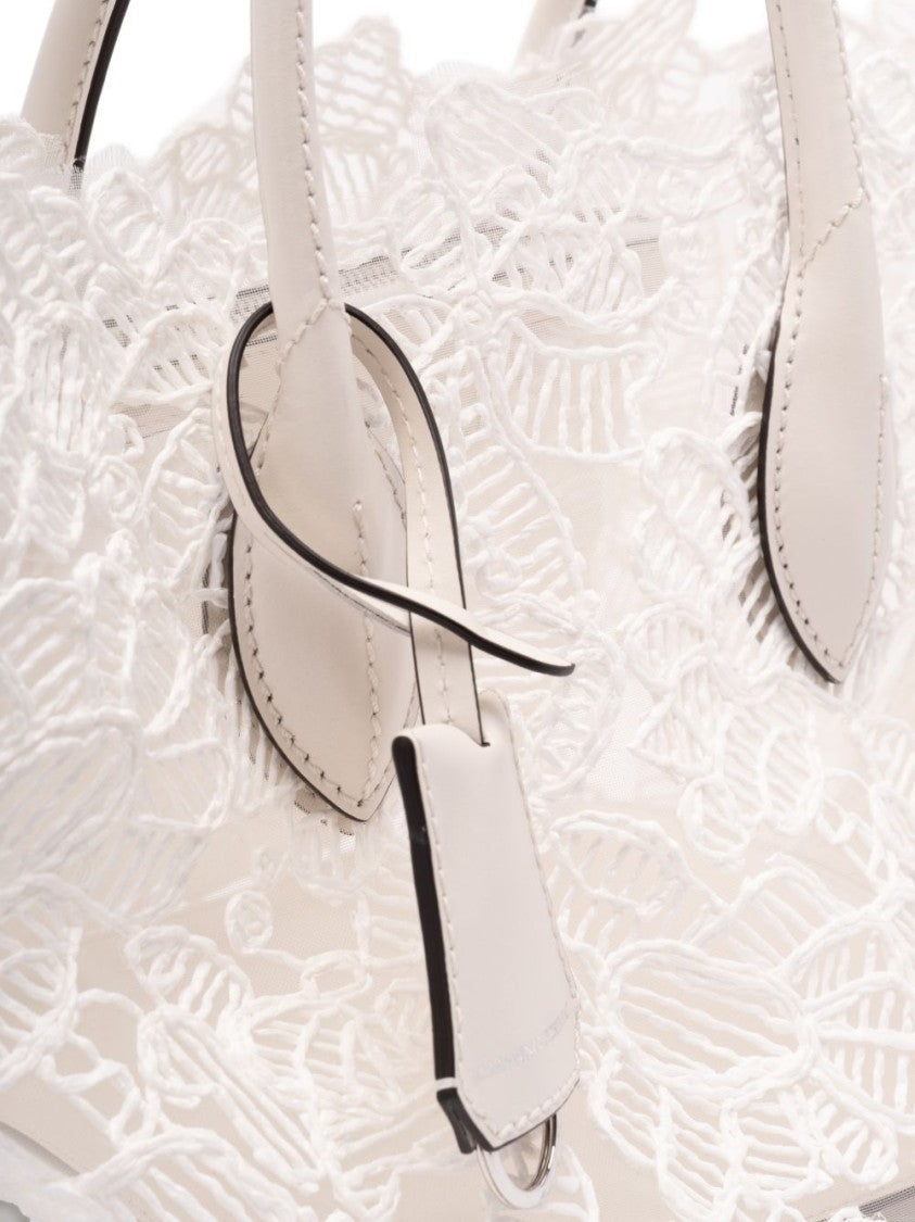 Ermanno Scervino Spacious White Shopper Bag With Lace Overlay And Leather Accents