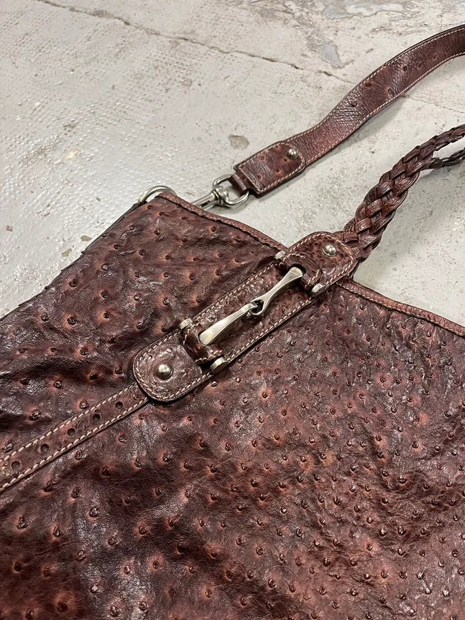 Gucci Hobo Ostrich Embossed Brown Bordeaux Leather Bag