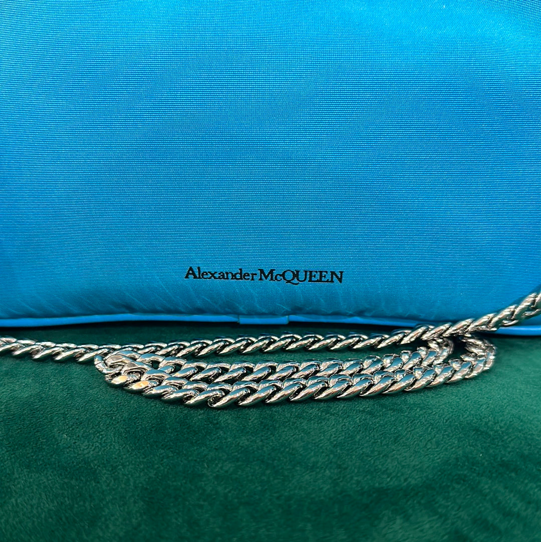 Alexander McQueen "Beautiful" Aqua Blue Nylon Crossbody Blue with Silver Skull and Chain