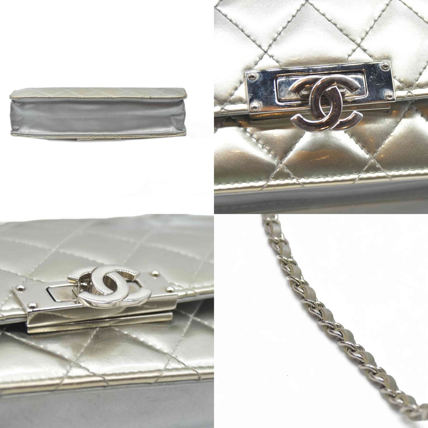 $3000 Chanel Patent Quilted Golden Class Wallet on Chain WOC Silver