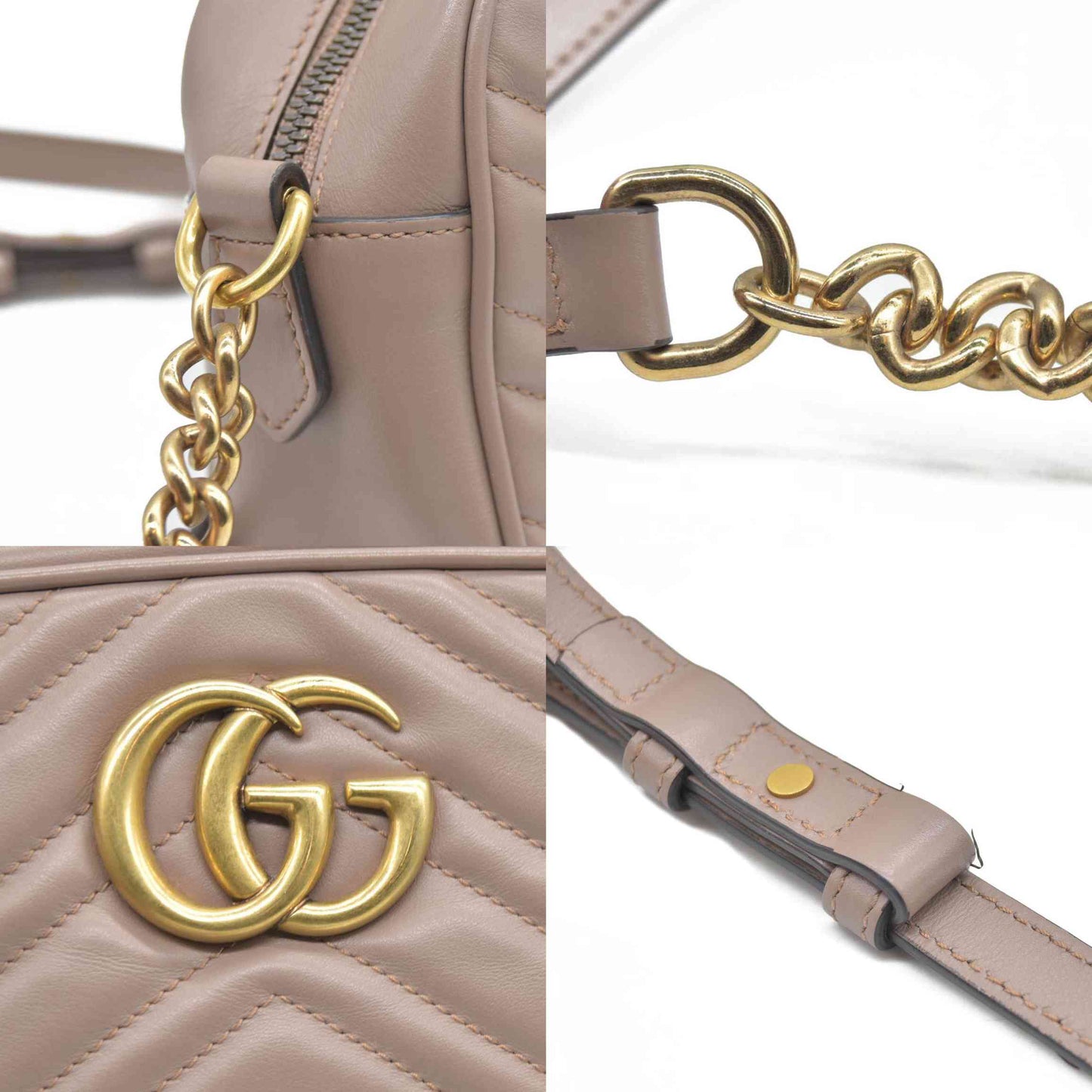 $1950 Gucci Calfskin Matelasse Small GG Marmont Chain Shoulder Bag Beige