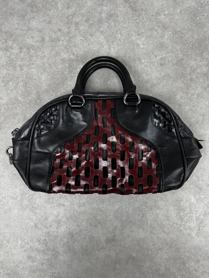 Miu Miu Black Burgundy Leather Bowling Bag