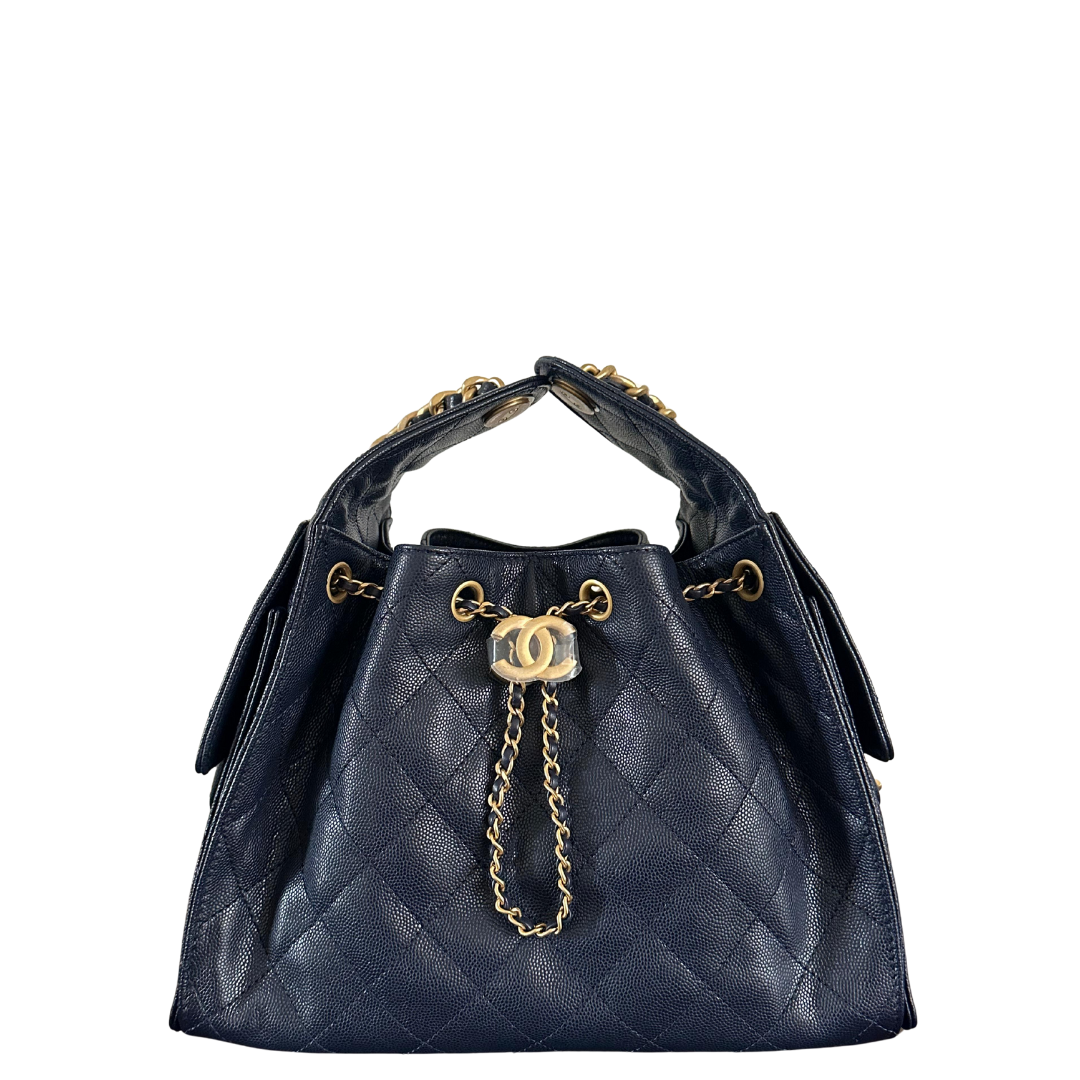 Chanel 25 Small Handbag Hobo Grained Calfskin & Gold-Tone Metal Navy