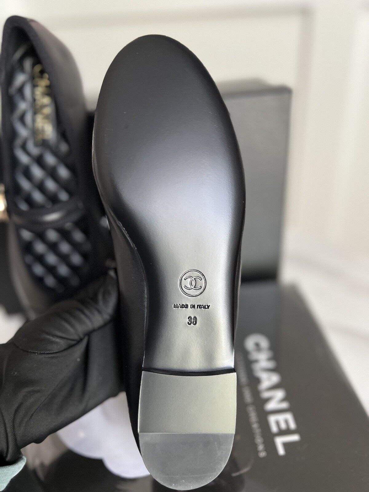 Chanel 25S Black Lambskin Leather Mary Janes Flats Logo With Strap Size 38