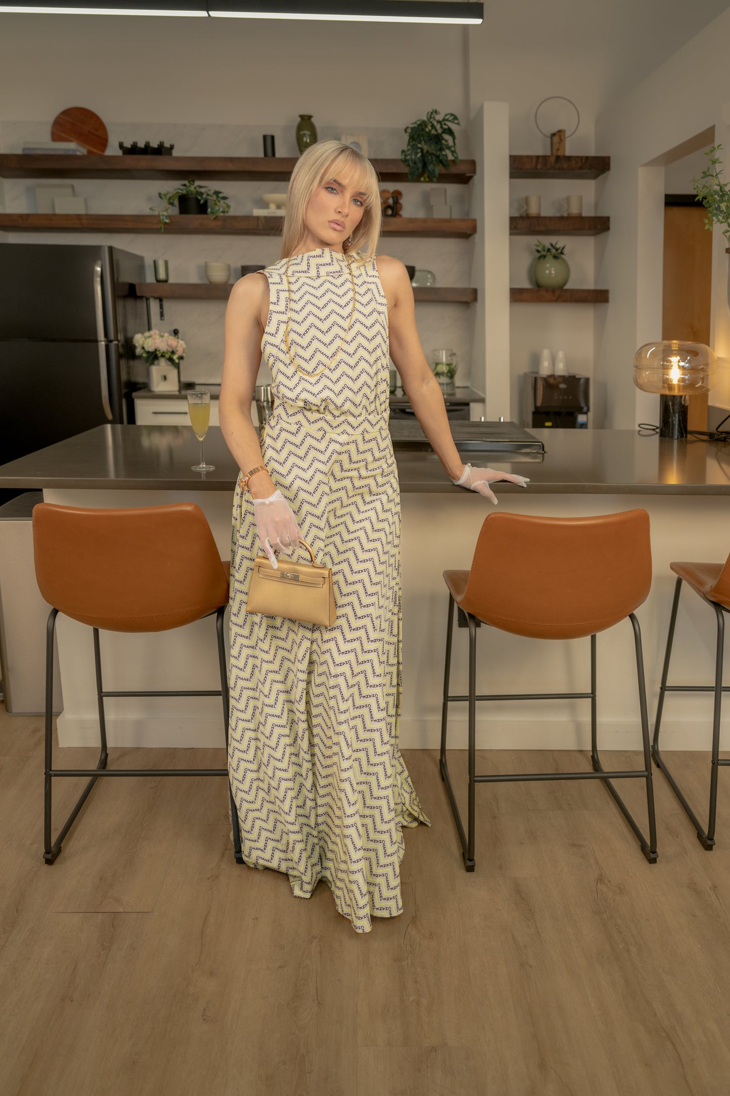 NEW Chanel 24K Jumpsuit Dress Printed Crepe de Chine in Beige, Yellow & Black Size 36