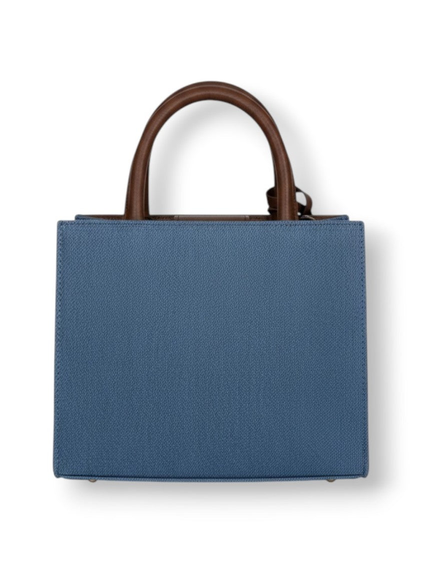 Mc2 Saint Barth Structured Rectangular Handbag With Textured Blue Body And Smooth Brown Handles