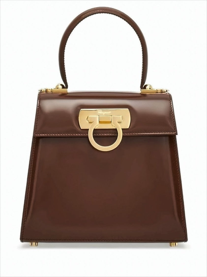 Salvatore Ferragamo Trapezoidal Brown Leather Tote With Gold-Tone Clasp