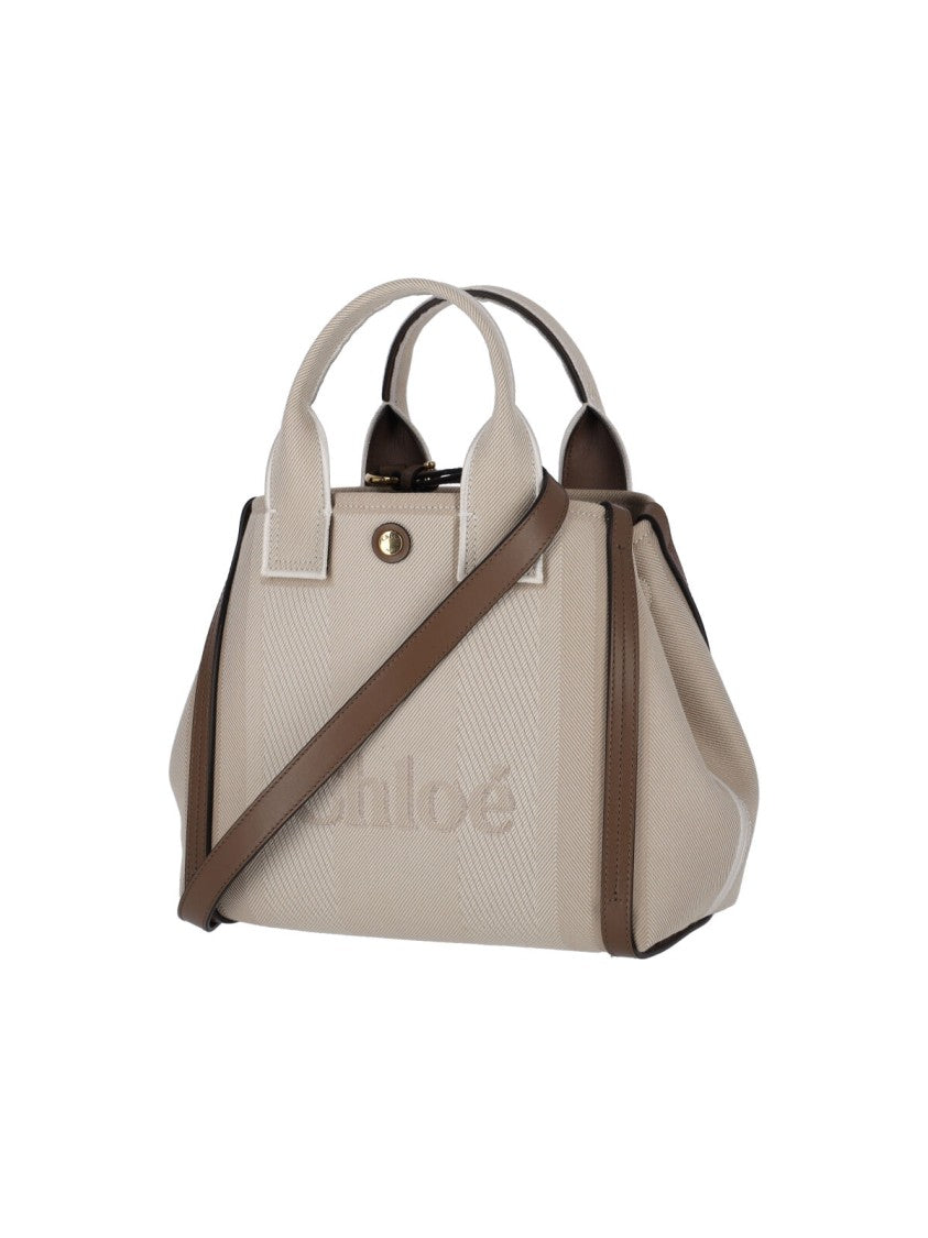 Chloé "Carry" Small Tote Bag, In Beige Organic Cotton