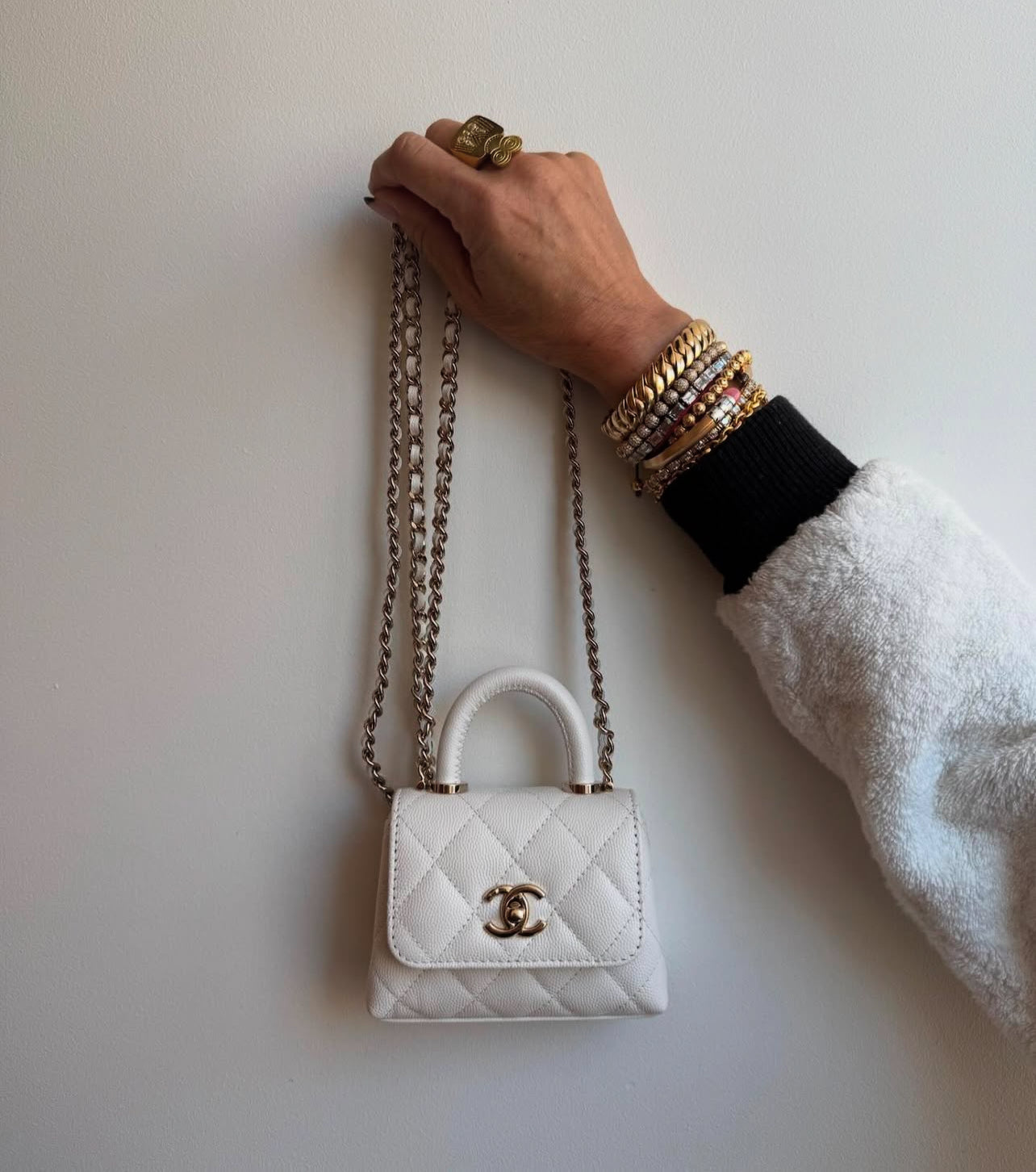 BNIB Chanel 25P Nano Coco Handle Bag – White Caviar Leather Champagne Gold Hw