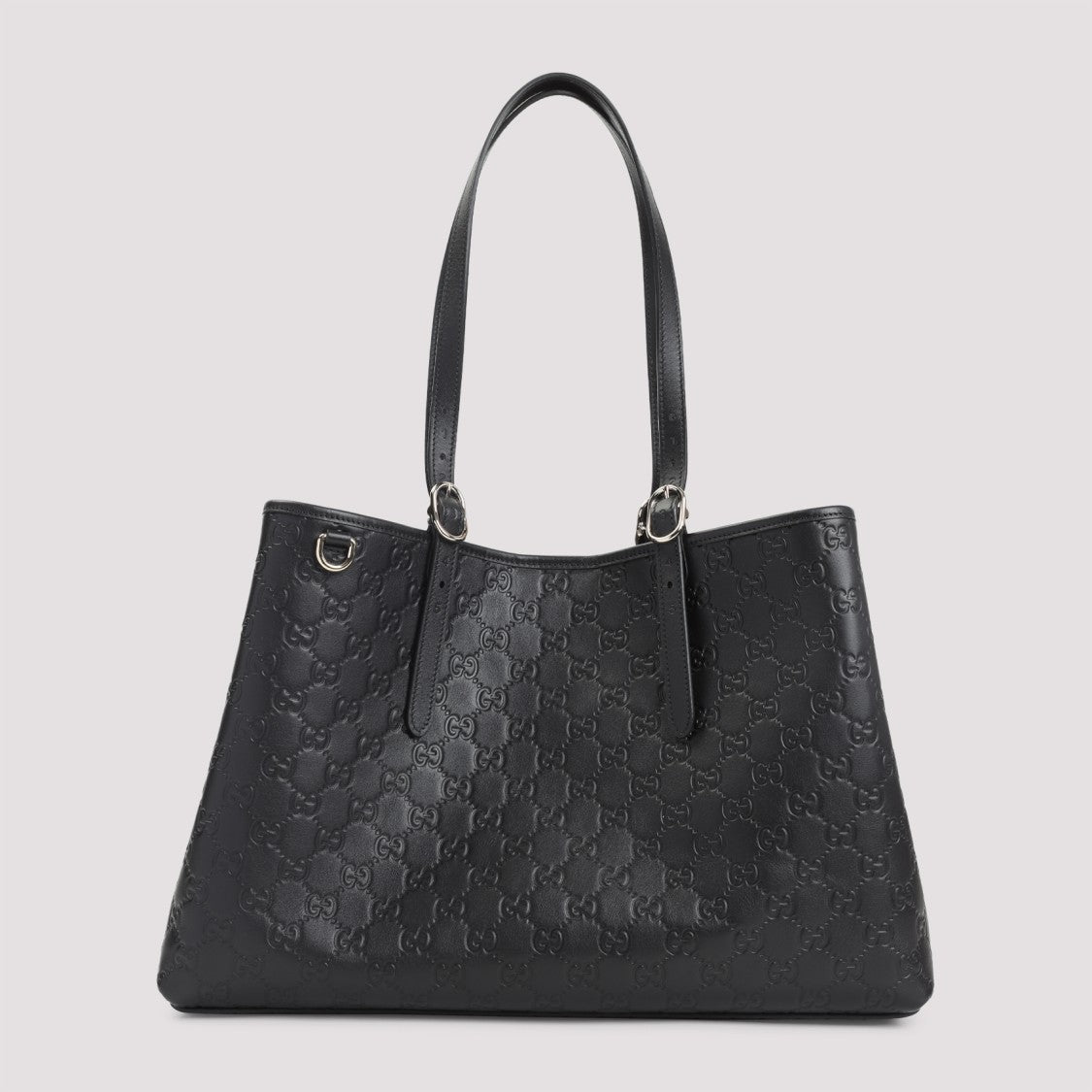 Gucci Black Leather Emblem Gg Tote Bag