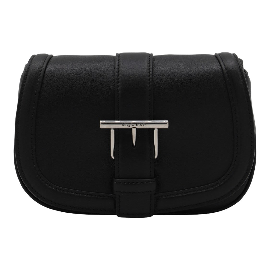 Alexander Mcqueen Sleek Black Shoulder Bag With Silver-Tone Buckle