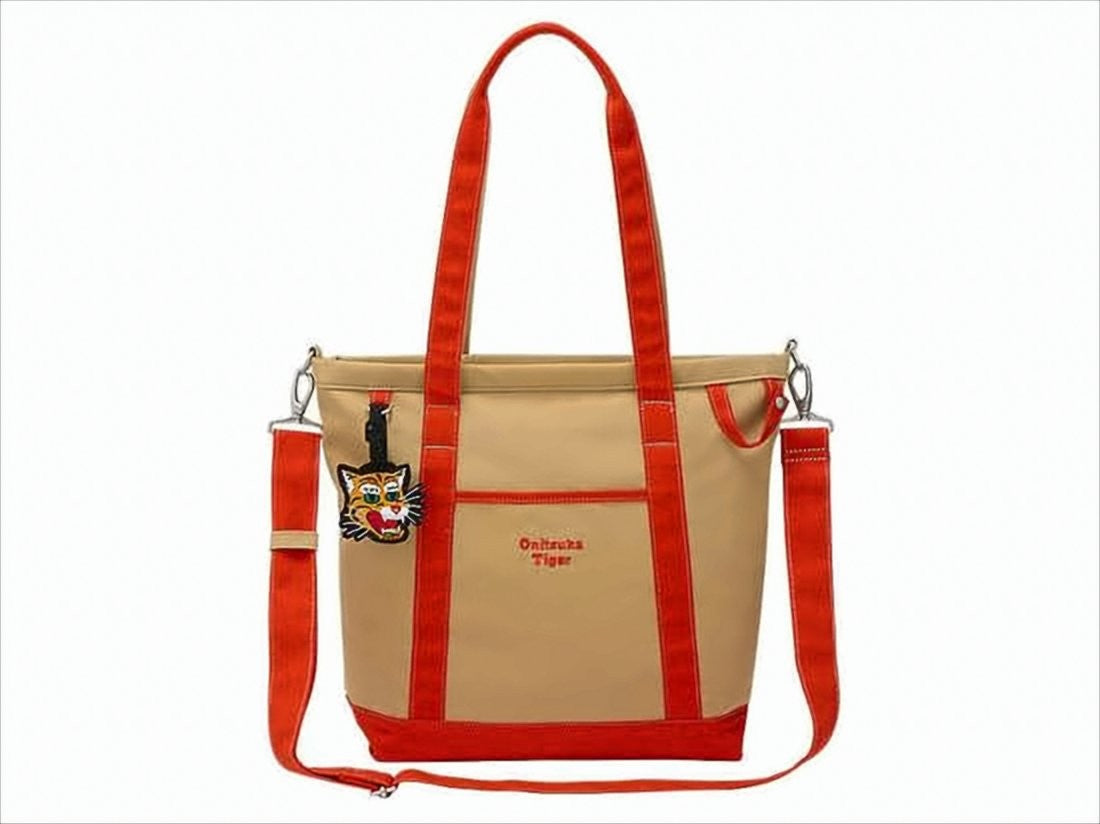 Onitsuka Tiger Beige Canvas Tote Bag With Orange Accents