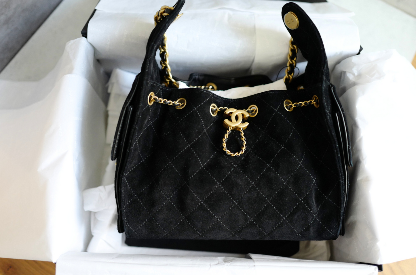BNIB Chanel 25K Small Hobo Bag Black Suede with Gold Hardware