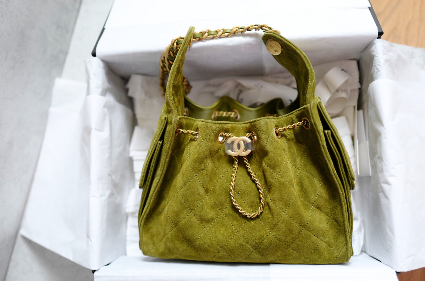 BNIB Chanel 25K Small Hobo Bag Khaki Green Suede with Gold Hardware