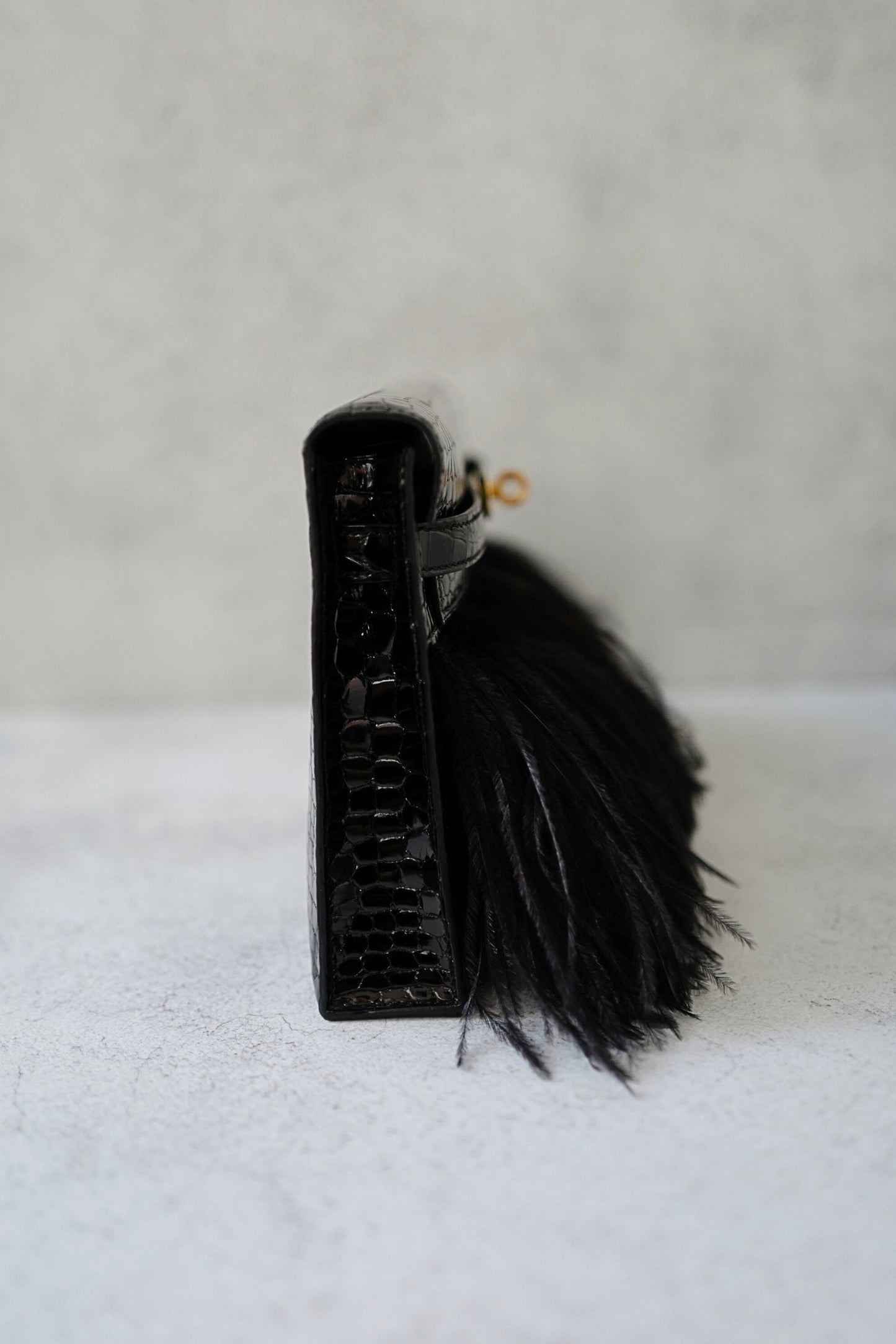 Hermès Kelly Elan Folie Clutch Black Porosus Crocodile & Feather Noir with Gold Hardware
