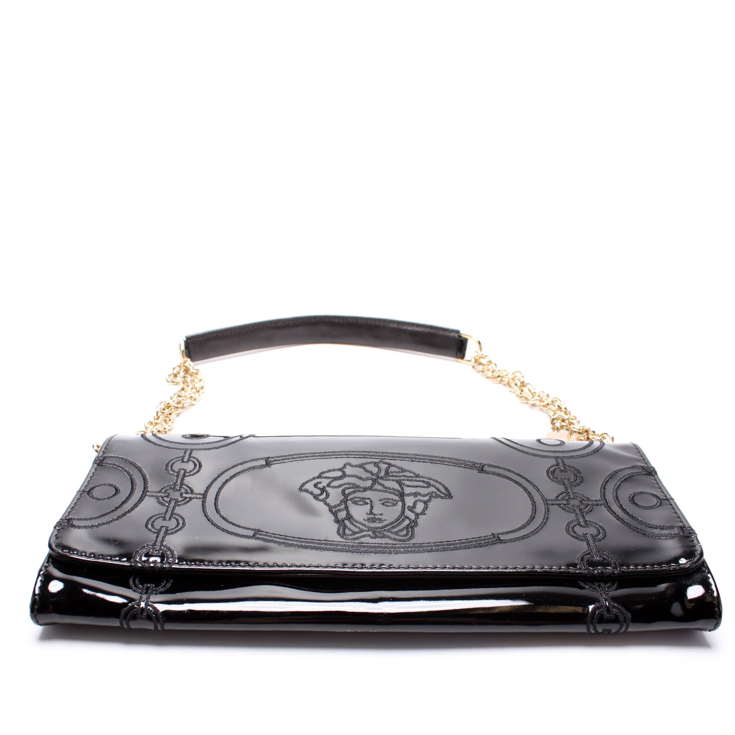 Medusa Embroidered Patent Leather Clutch