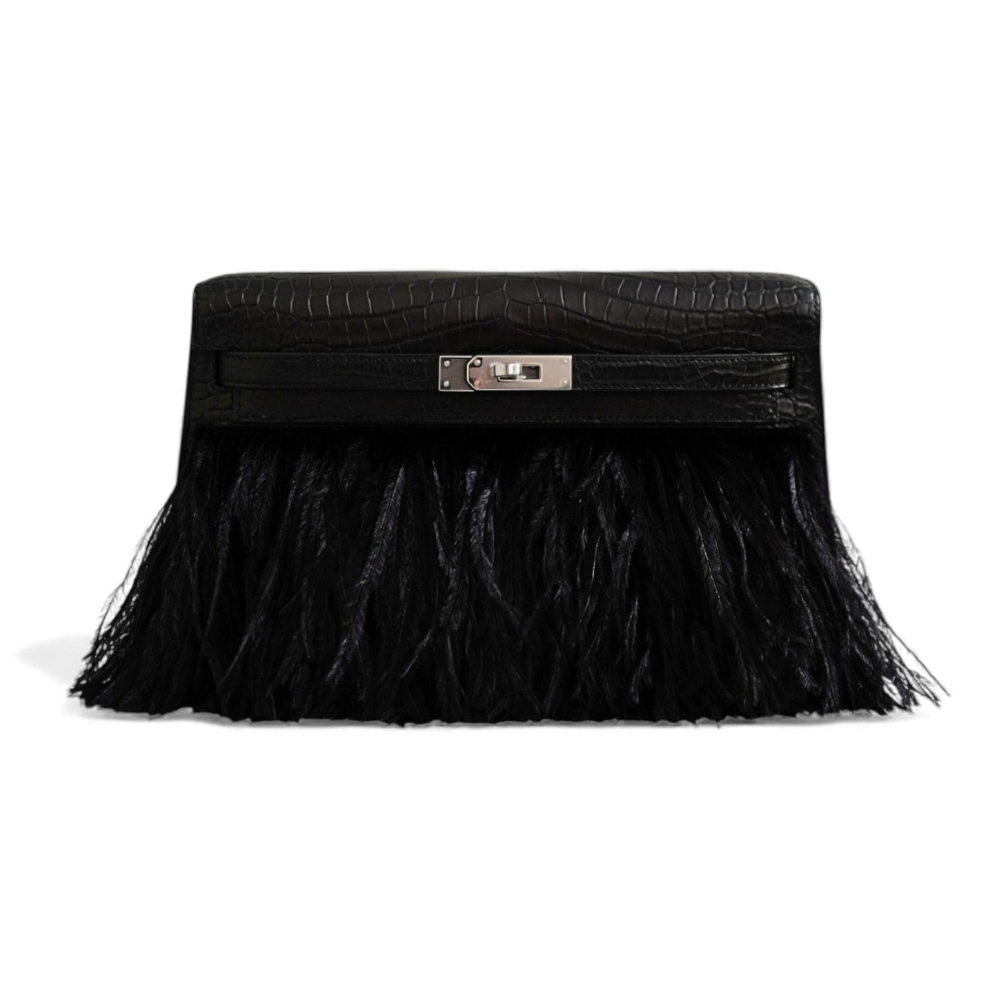 BNIB Hermès Kelly Elan Folie Noir Matte Porosus Crocodile Ostrich Feather PHW