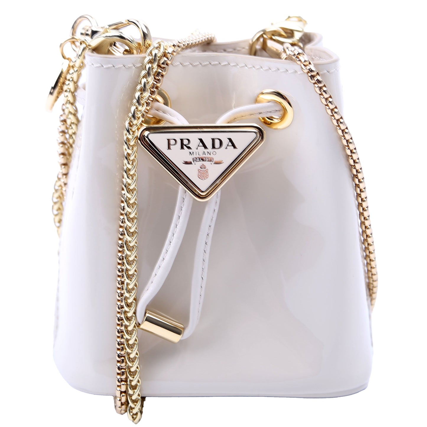 Mini Drawcord Triangle Logo Vernice Shoulder Bag White