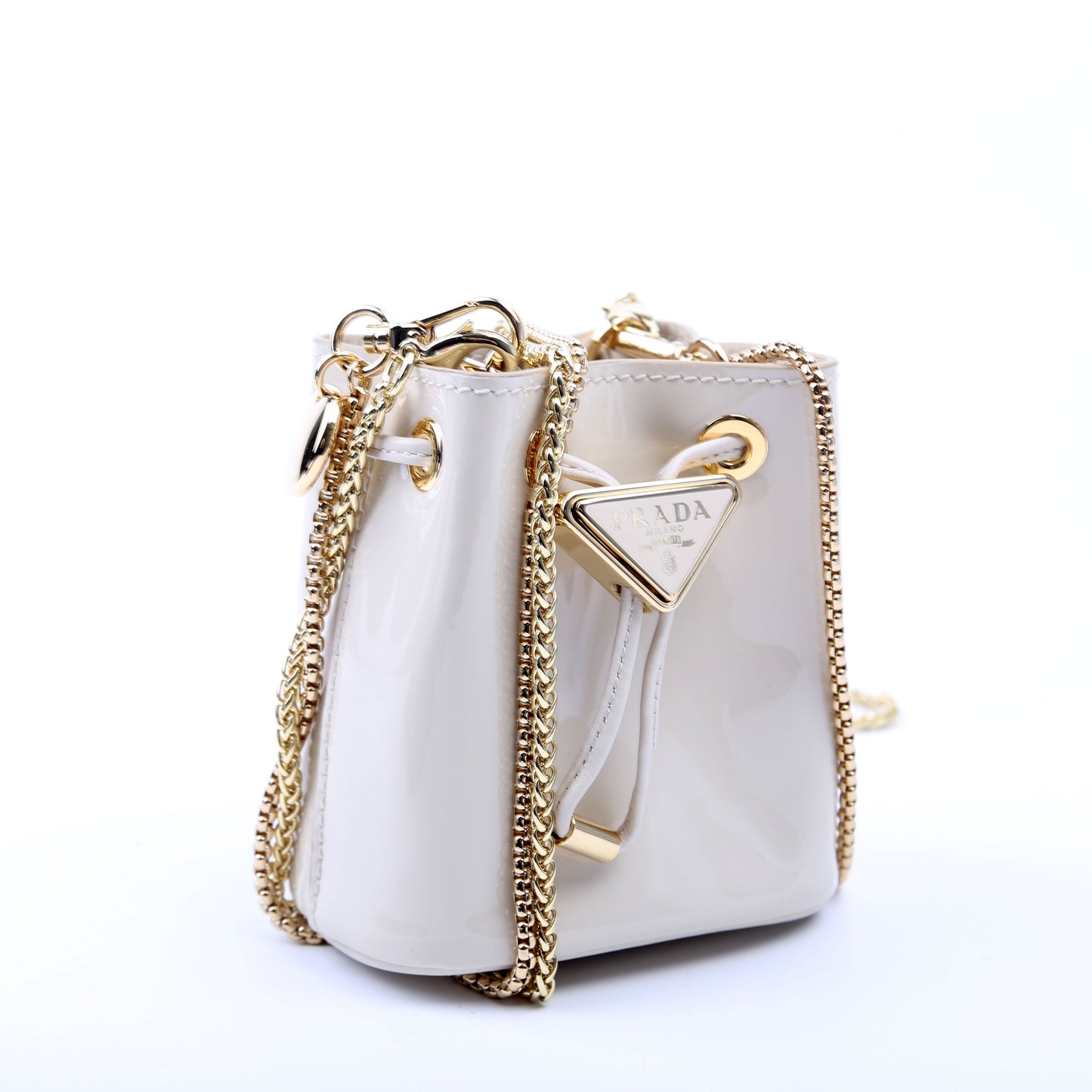 Mini Drawcord Triangle Logo Vernice Shoulder Bag White