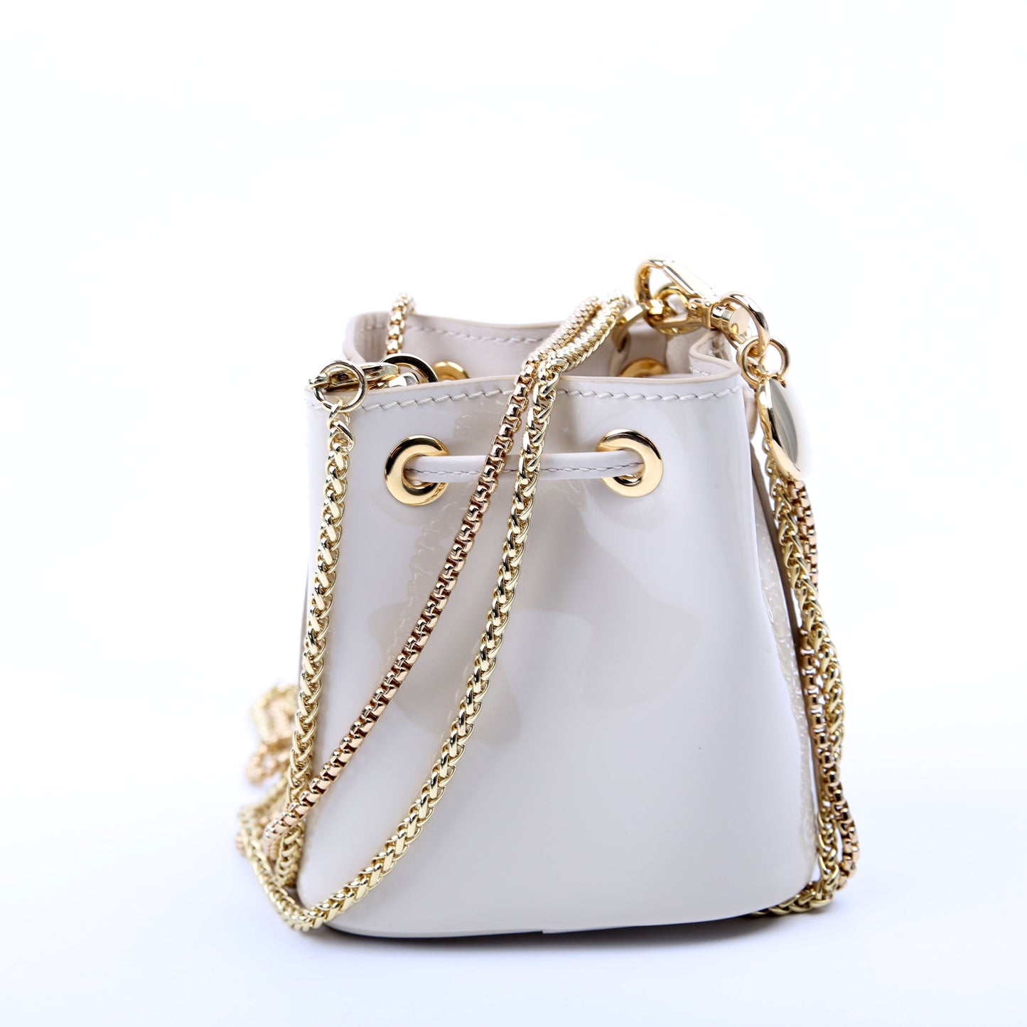 Mini Drawcord Triangle Logo Vernice Shoulder Bag White