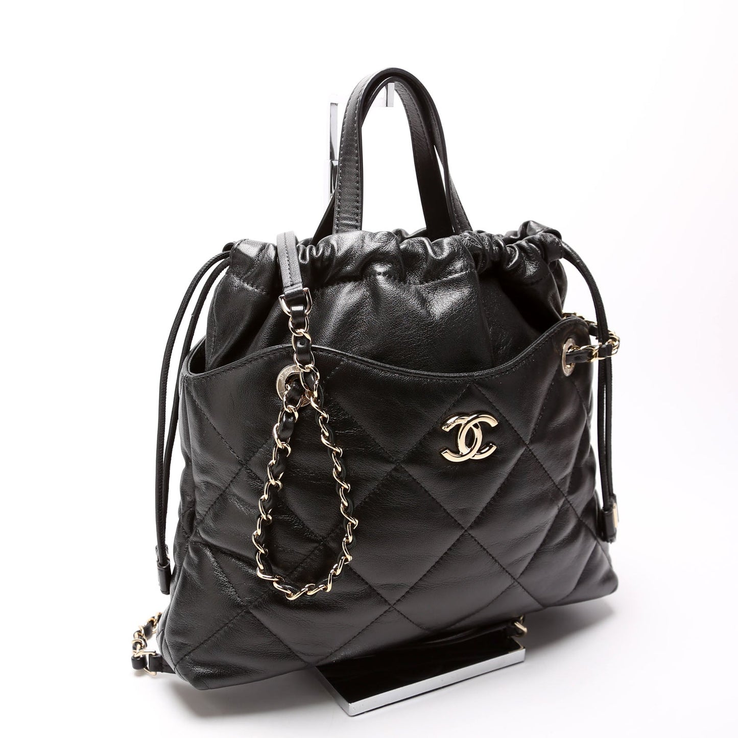 Drawstring Shopping Bag Small Lambskin 28M Black