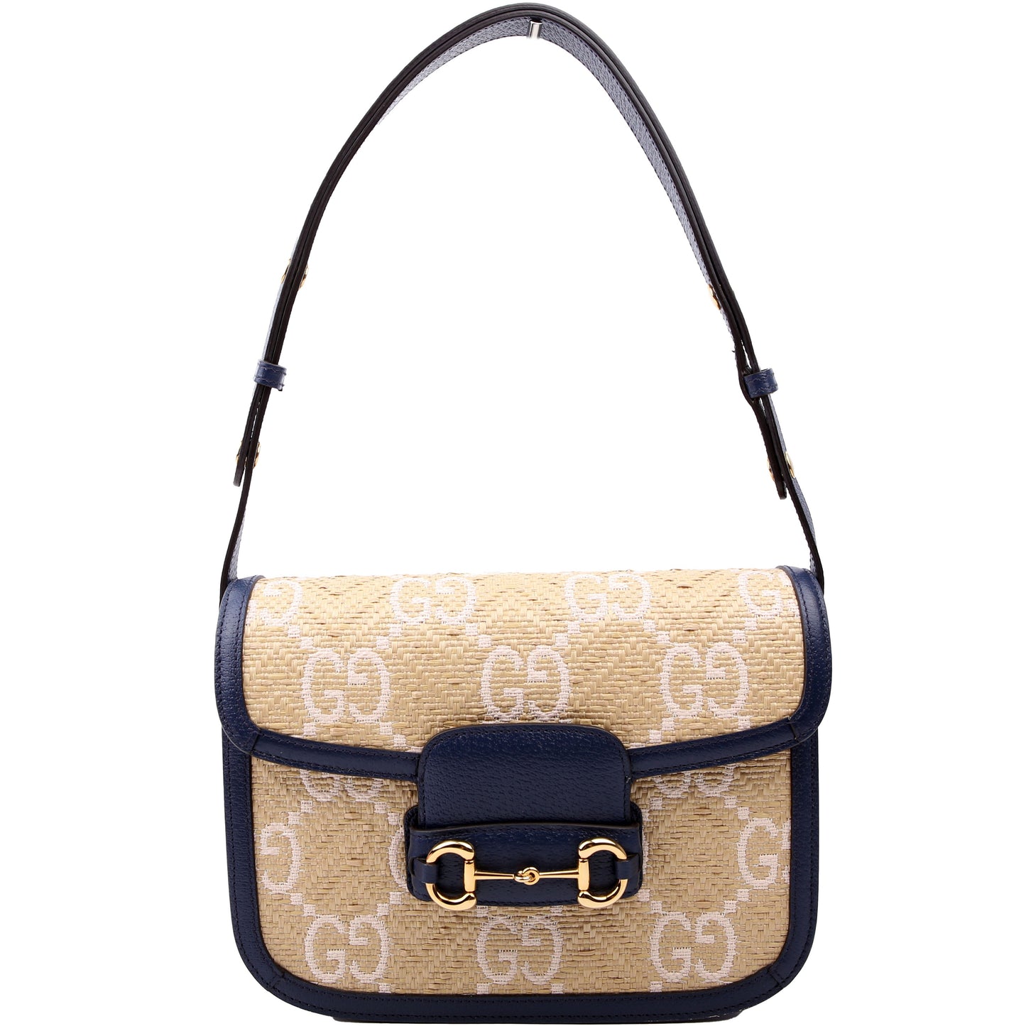 602204 Horsebit 1955 GG Raffia Shoulder Bag Blue