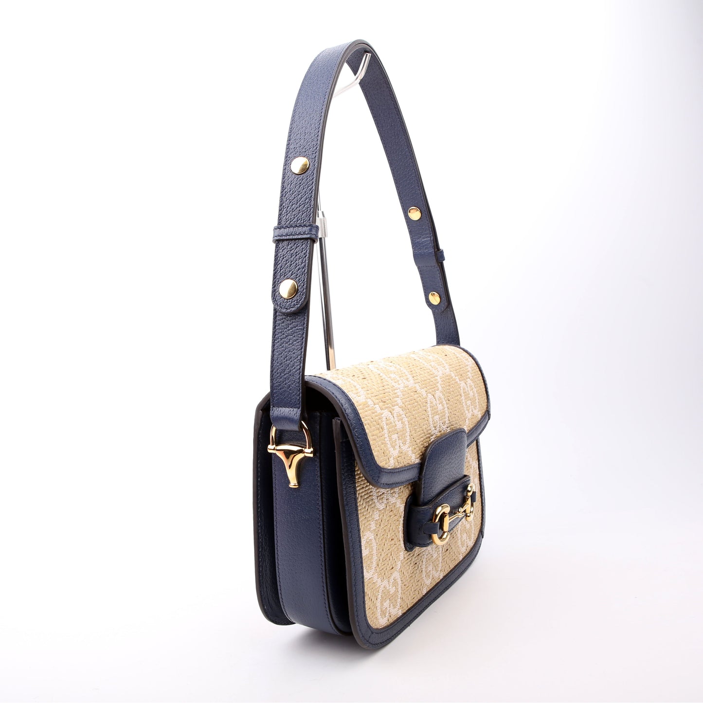 602204 Horsebit 1955 GG Raffia Shoulder Bag Blue