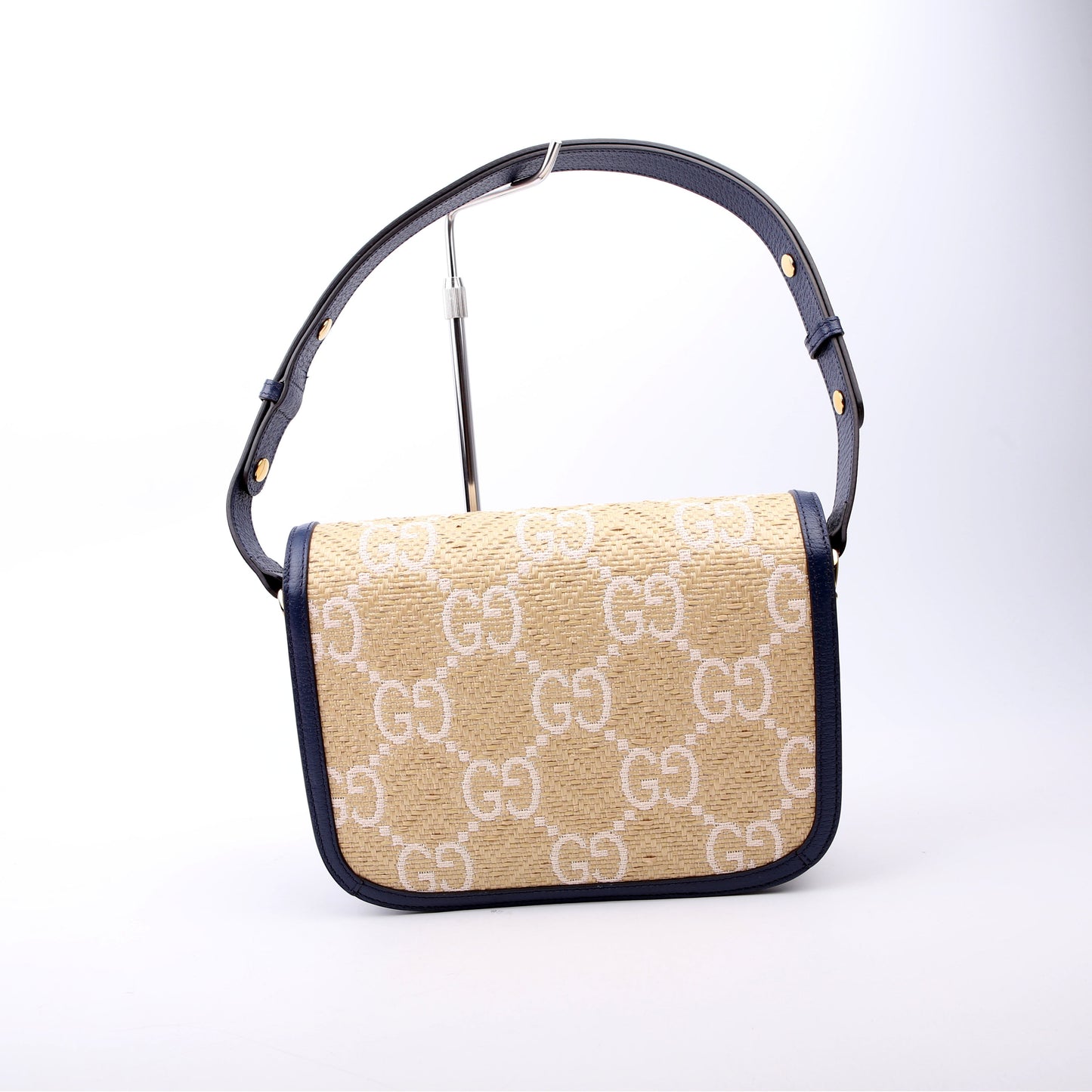 602204 Horsebit 1955 GG Raffia Shoulder Bag Blue