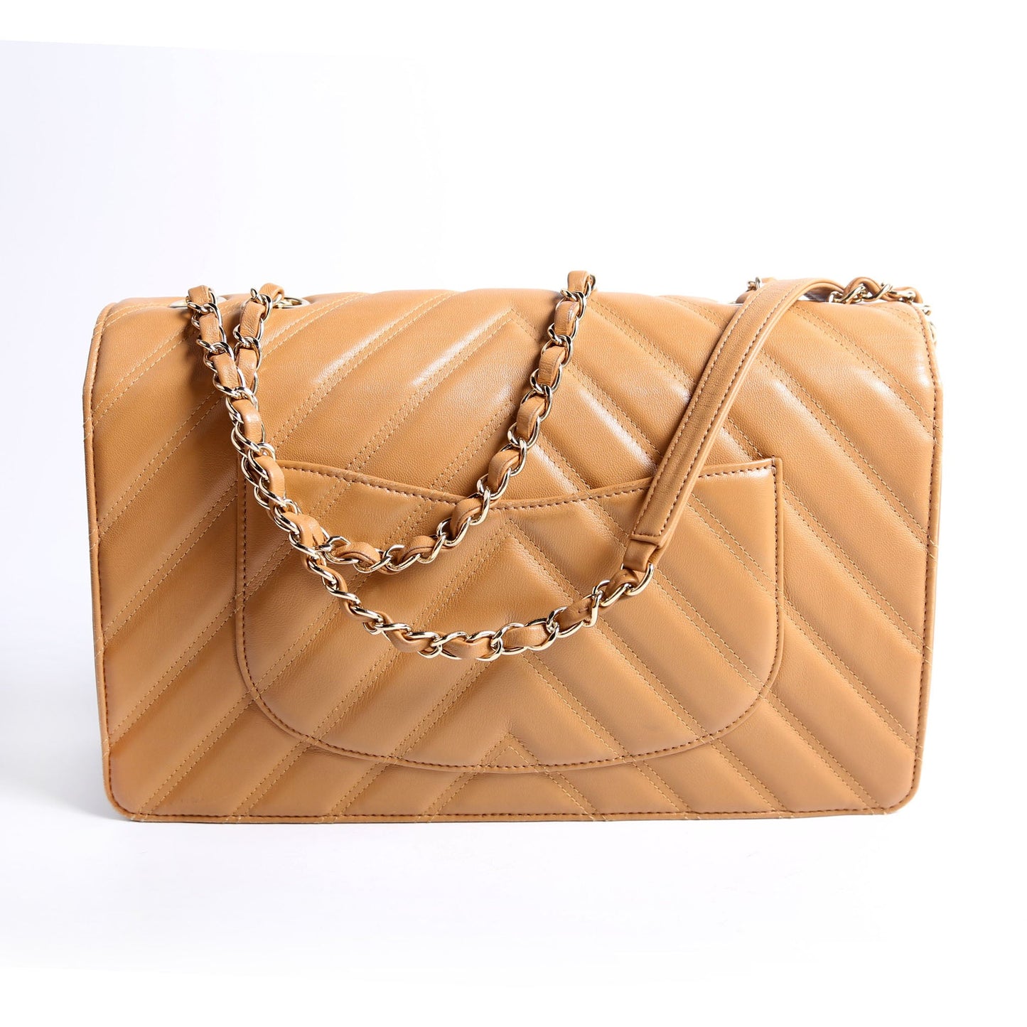 Double Stitch Chevron Medium Full Flap 29M Tan/Gold