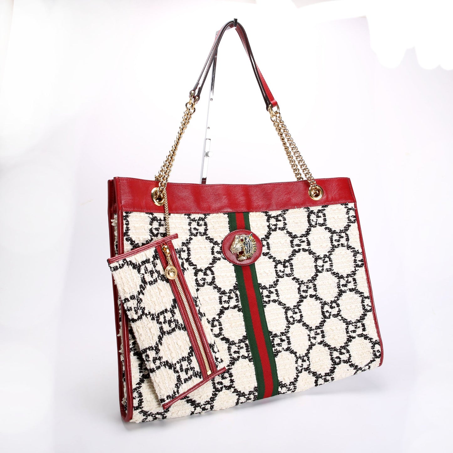 537219 Rajah Chain GG Tweed Tote White/Red