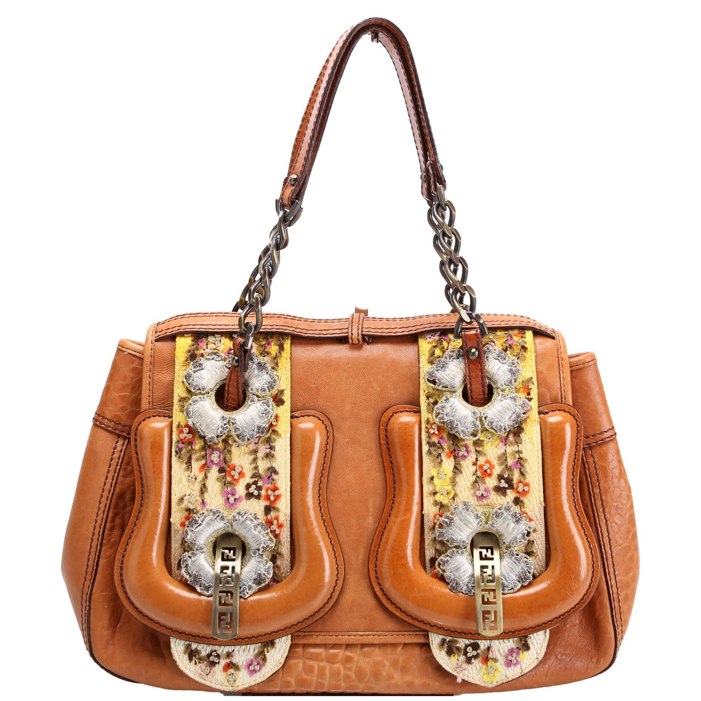 8BN165 B Bag Leather Embroidered Brown