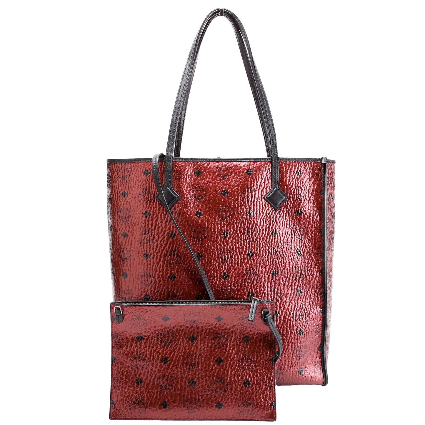 Kira Medium Tote with Pouch Metallic Visetos Burgundy/Black