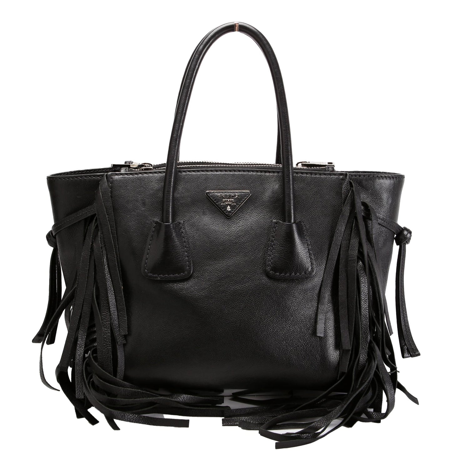 BN2619 Glace Calfskin Fringe Twin Pocket Tote Black