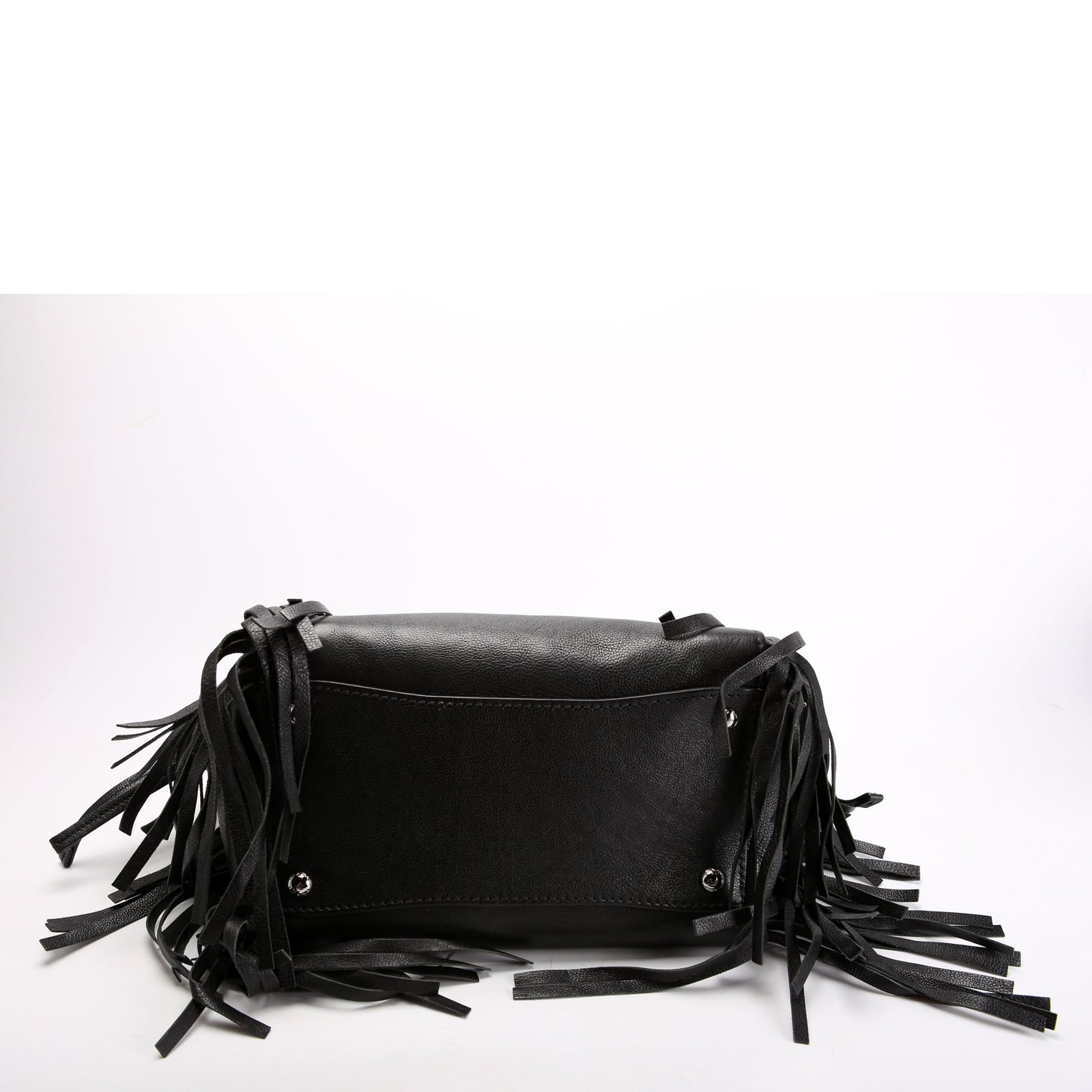 BN2619 Glace Calfskin Fringe Twin Pocket Tote Black