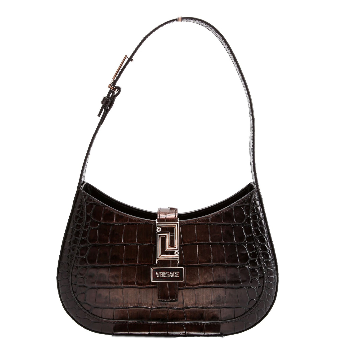 Greca Goddess Crocodile Embossed Small Hobo Black/Brown