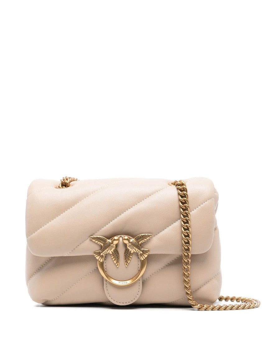 Pinko Quilted Beige Bag With Gold-Tone Embellishment And Chain Strap